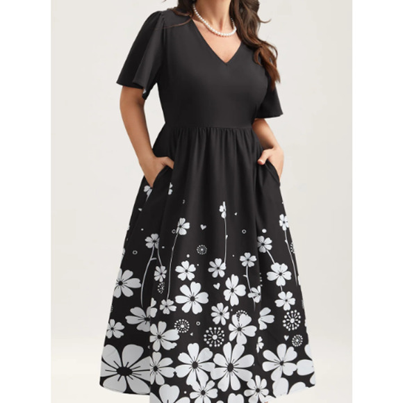 BLOOMCHIC 18-20 2X plus Black V Neck Floral Print Flared Sleeve Midi Dress B62 - Picture 1 of 10
